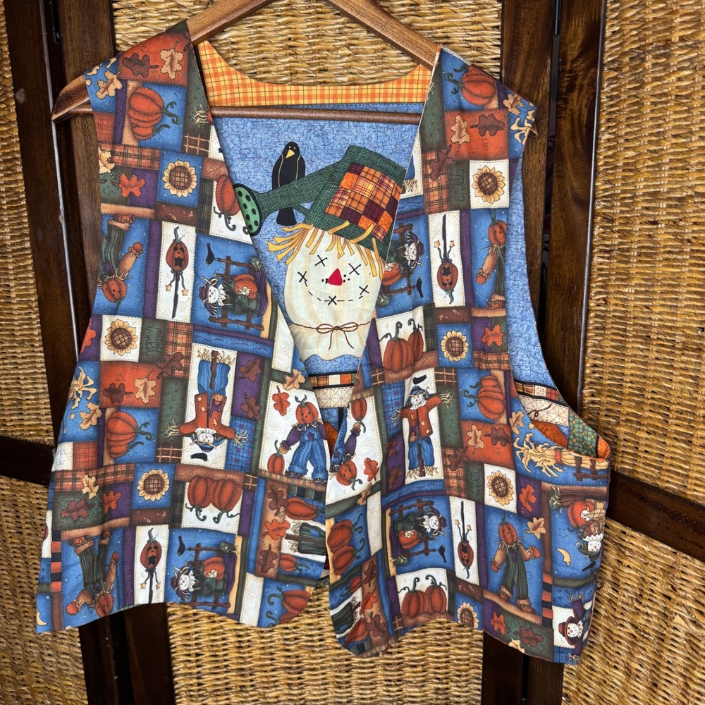 Reversible Quilted Fall Vest Scarecrow Pumpkin Harvest Multicolor L/XL Halloween